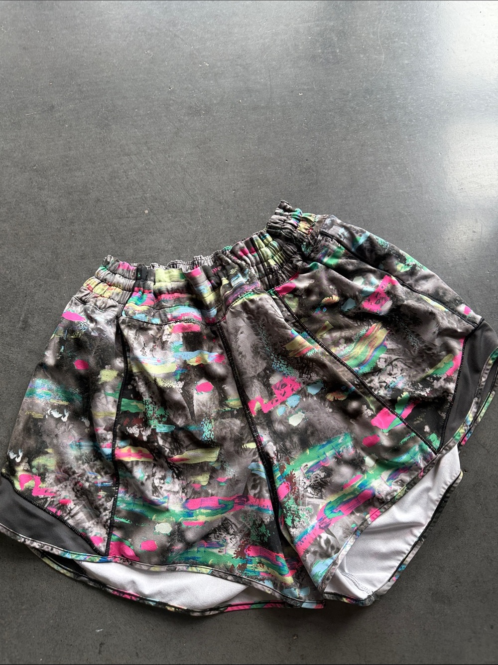 lululemon athletica Black Athletic Shorts with Pink & Green Brushstroke Print